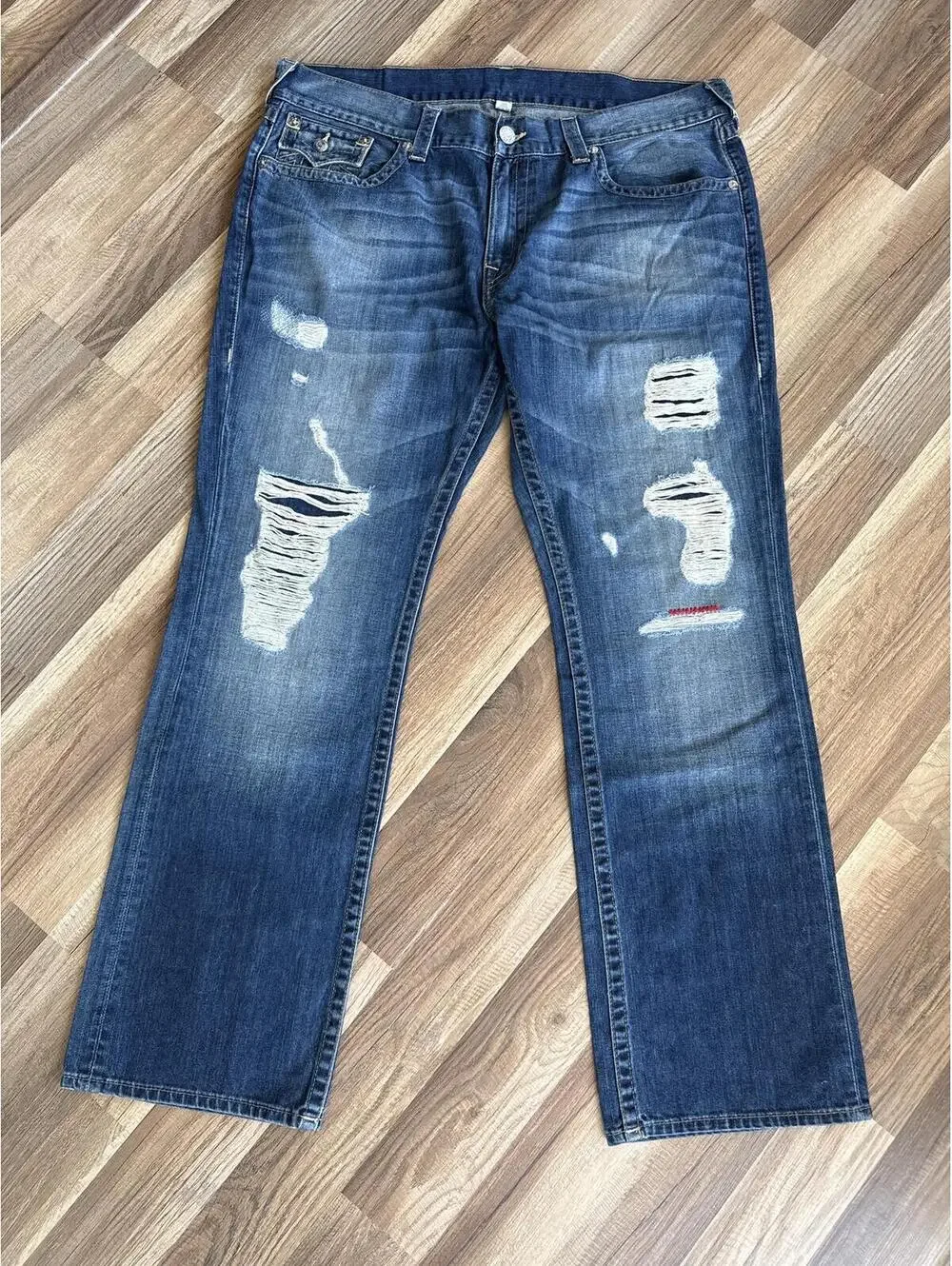 True Religion Straight Mens Jeans 40x33 Distressed Blue Denim Flap Pocket
